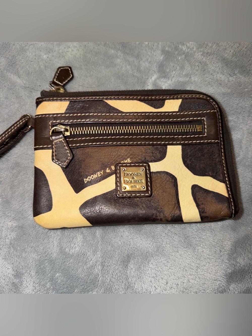 Dooney & Bourke Brown and Cream Logo Clutch with Gold Plaque‎